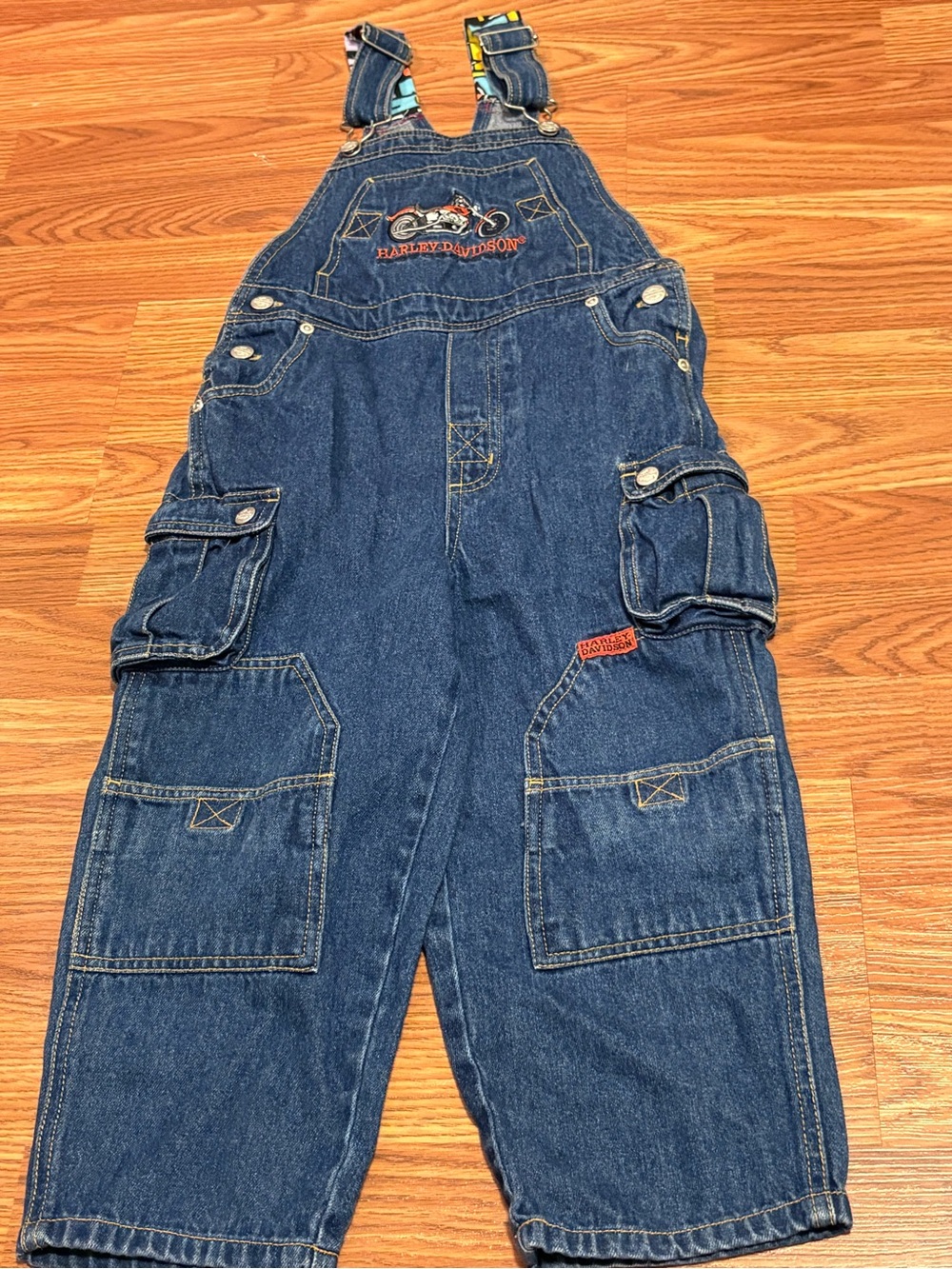 Harley-Davidson Embroidered Motorcycle Denim Overalls - Blue *UPCYCLED STRAPS*